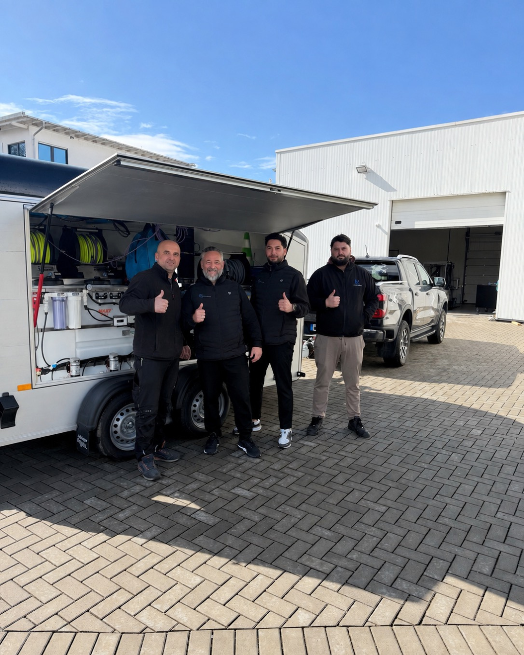 Team der EC Fly & Clean GmbH mit Einsatzfahrzeug und Reinigungsdrohne